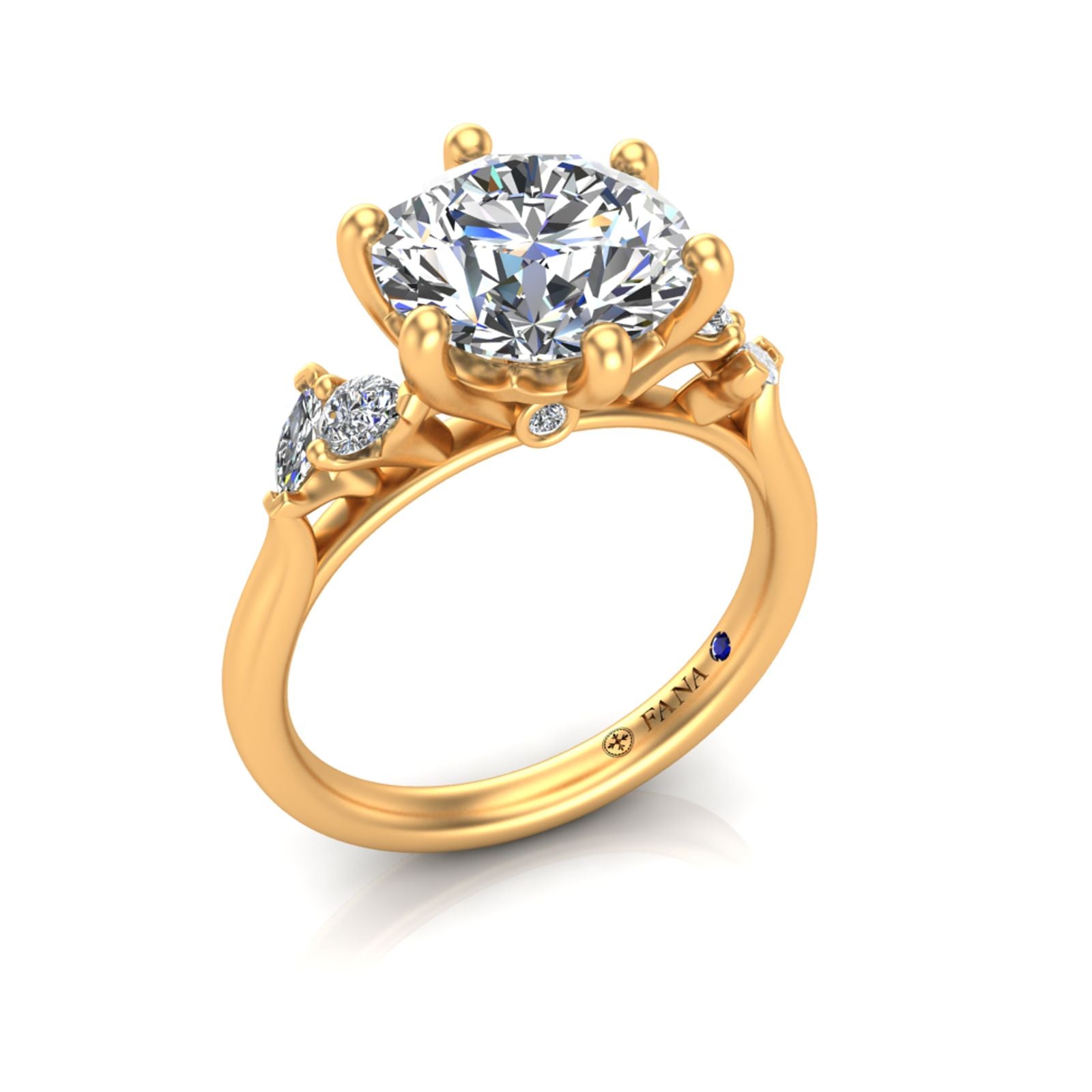 14K YG Round Diamond 6-Prong Semi-Mount with Leaf Side Stones by Fana Main image