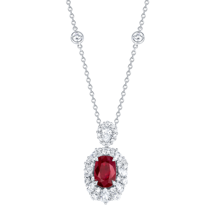 18K White Gold Cushion Ruby & Diamond Halo Pendant with Diamonds by the Inch Chain by Joshua J Main image