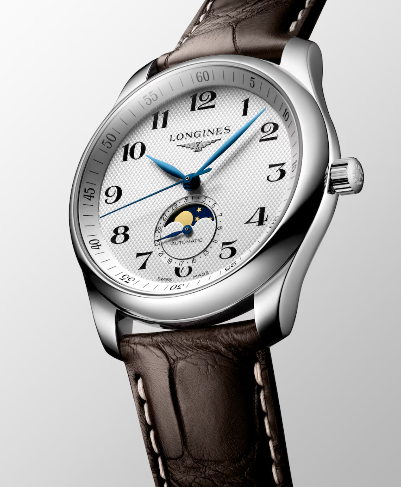 Longines Master Stainless Steel 40mm  Chronograph Moonphase Watch in Silver Barleycorn with Leather Band