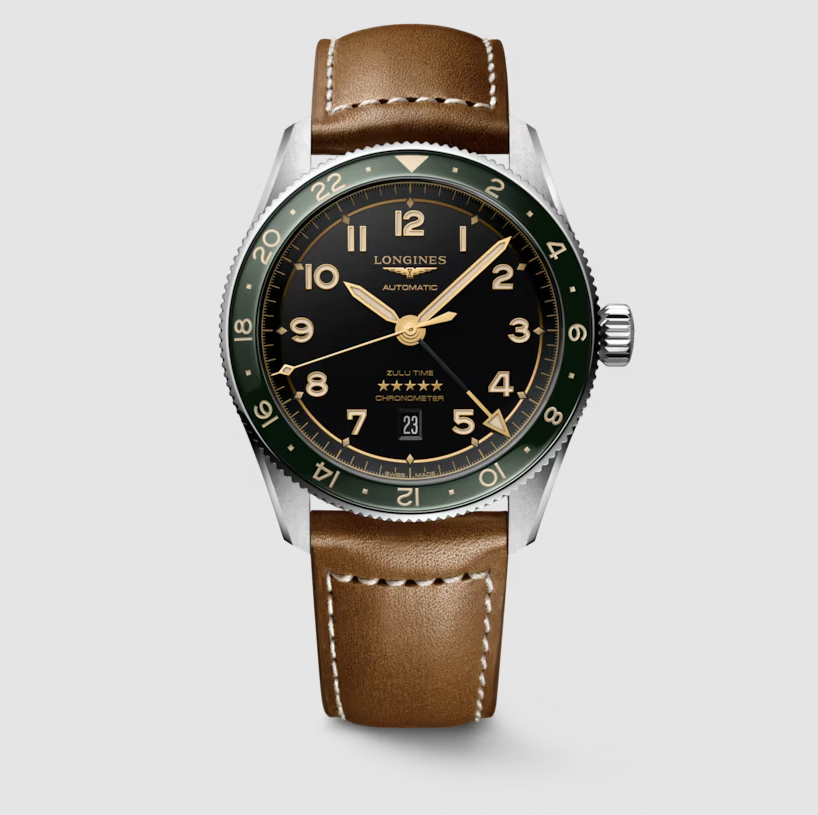 Longines Spirit Zulu Time GMT 42mm Watch with Green Bezel & Leather Band Main image