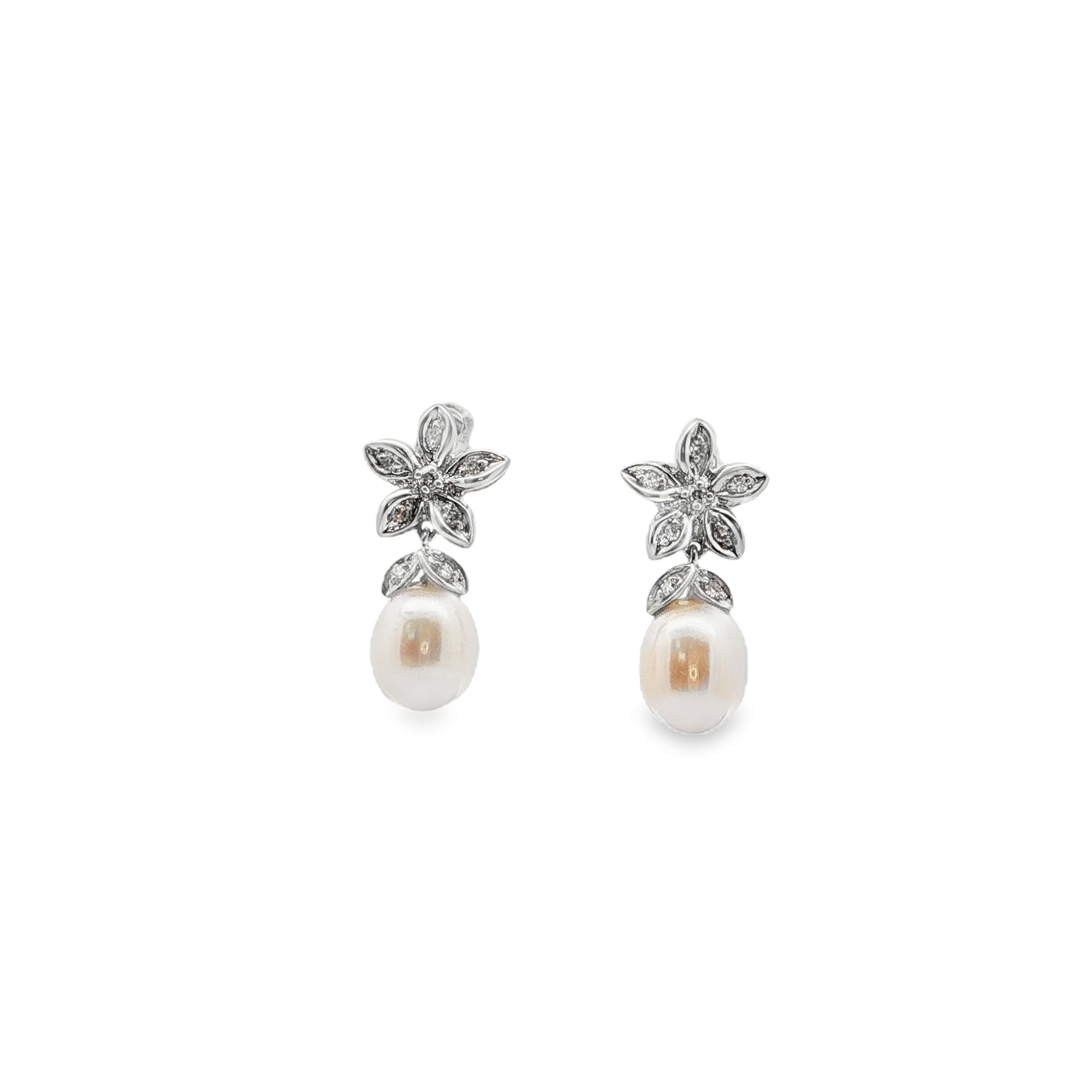 14K WG Freshwater Cultured Pearl & Diamond Floral Drop Earrings *Estate Item Sold as is, Final Sale* Main image