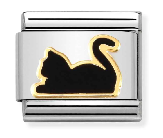Stainless Steel & 18K Yellow Gold Black Cat Charm with Enamel