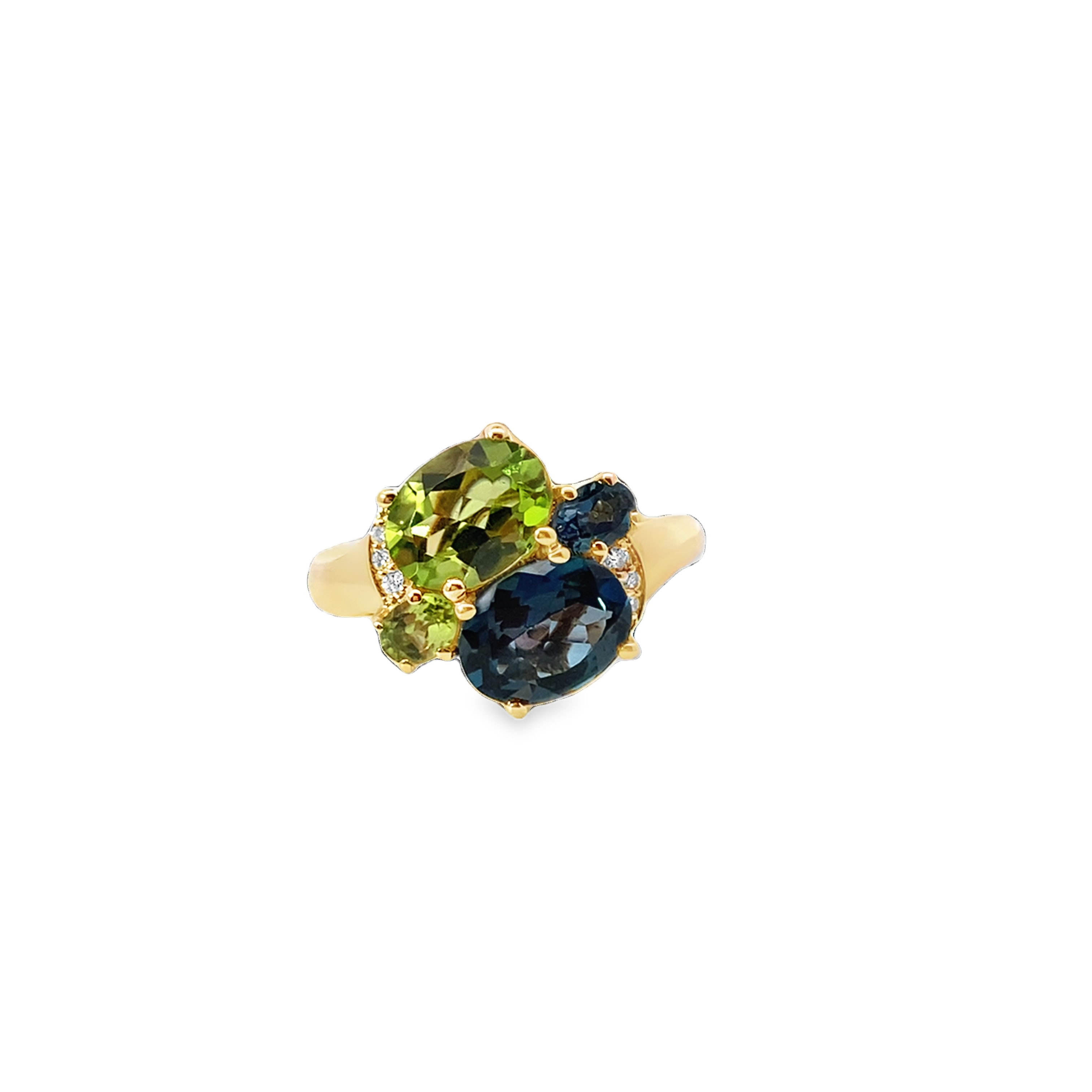 14K YG Oval Swiss Blue Topaz & Peridot Cluster Ring w 1/10cttw Diamond Accents Main image