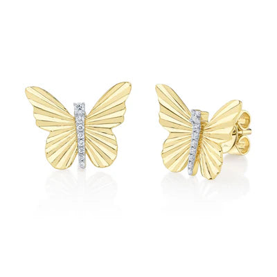 14K YG Diamond Ribbed Butterfly Studs