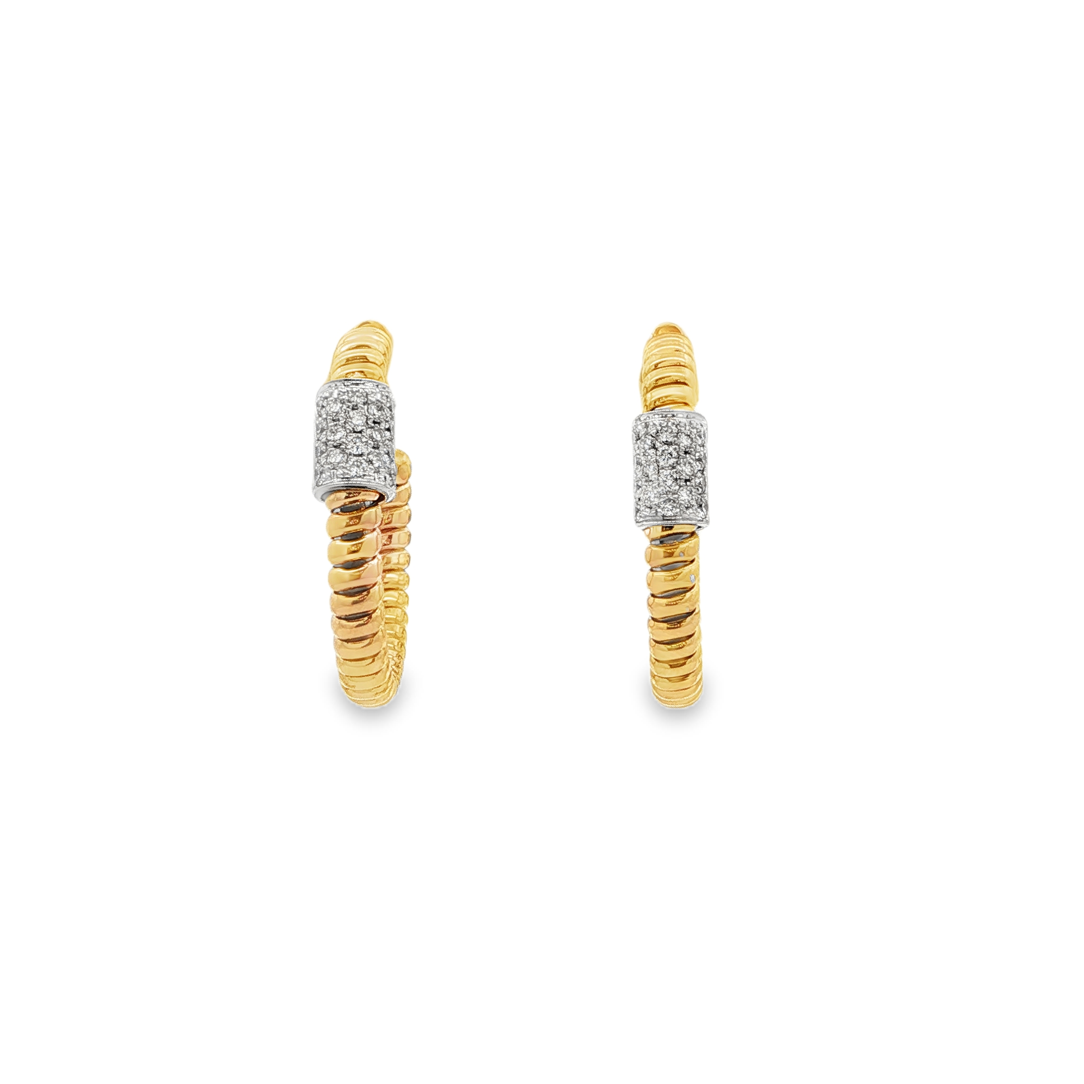 18K Two-Tone Ribbed Pave Diamond Hoops