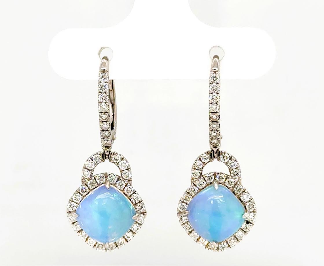 14K WG Cushion Opal & Diamond Halo Accent Dangle Earrings by David Kord Main image