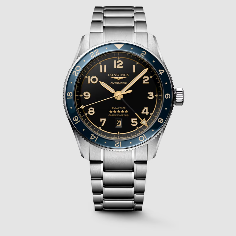 Longines Spirit Zulu Time GMT 42mm Watch with Anthracite Dial & Blue Bezel