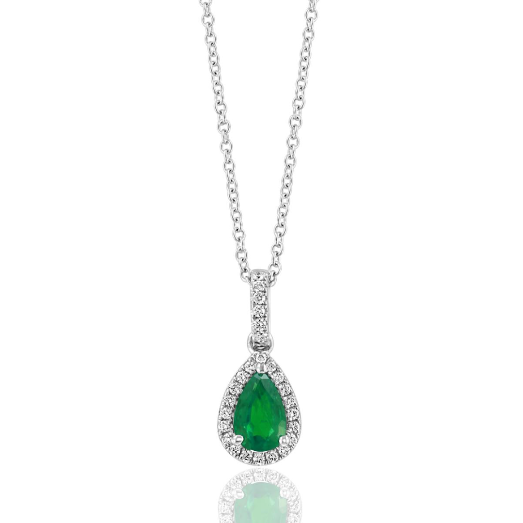 14K White Gold Pear Shape Emerald & Diamond Halo Pendant Necklace by David Kord