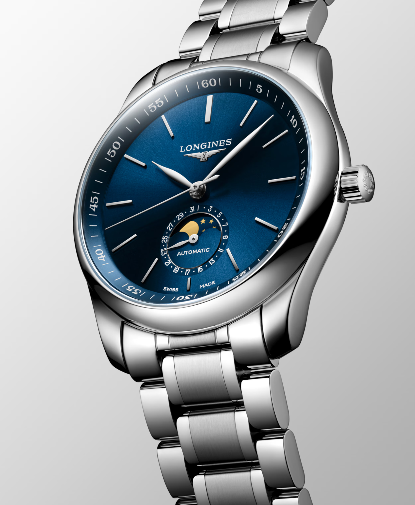 Longines Master Stainless Steel 40mm Moonphase Watch in Sunray Blue