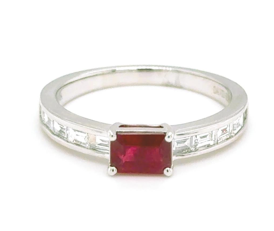 14K White Gold East-West Ruby & Channel Set Baguette Diamond Band by David Kord