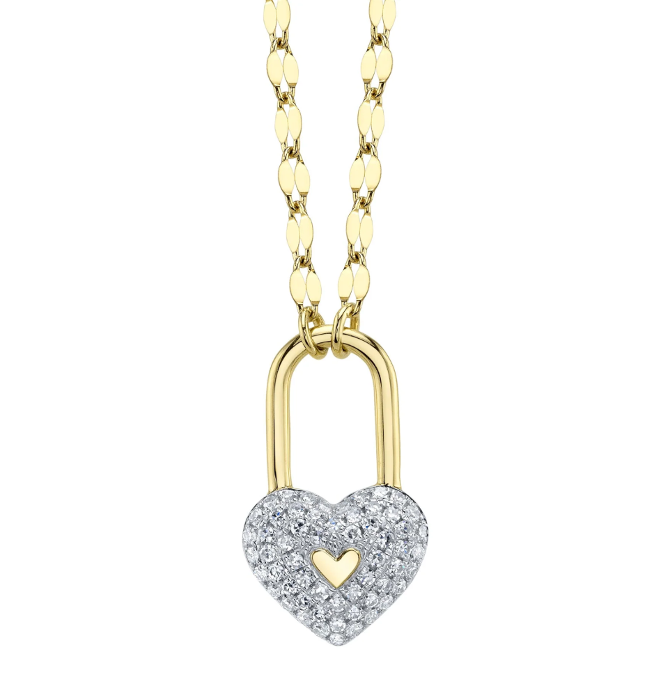 14K Two-Tone Diamond Pave Heart Lock Pendant Necklace by Shy Creation Main image