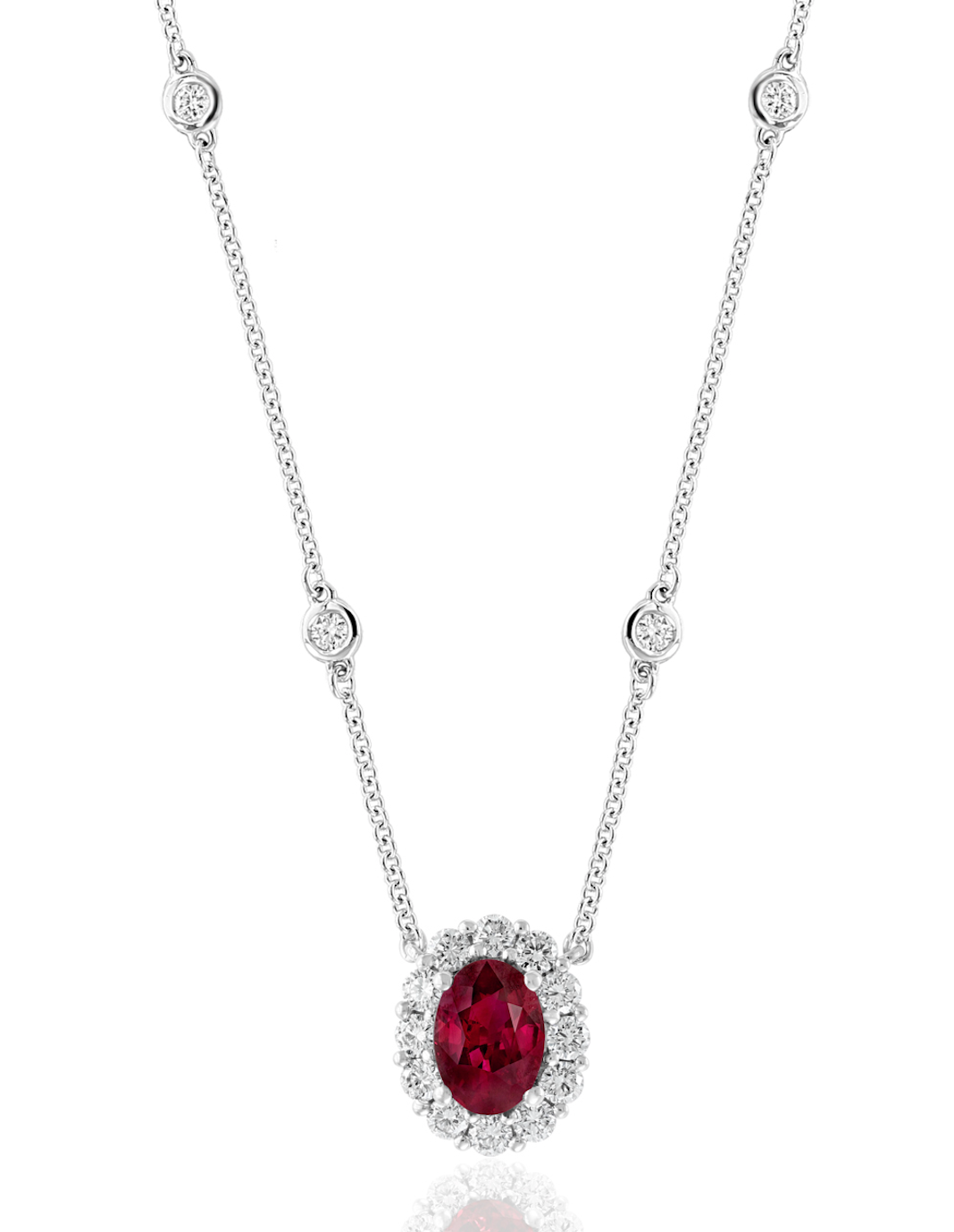 18K WG Oval Ruby & Diamond Halo Pendant Necklace