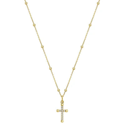 14K YG Diamond Cross Pendant on Beaded Chain