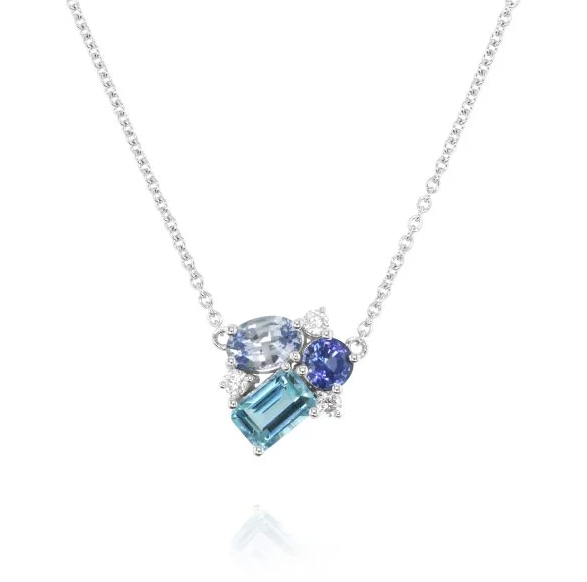 14K White Gold Sapphire & Topaz Cluster Pendant Necklace Secondary image