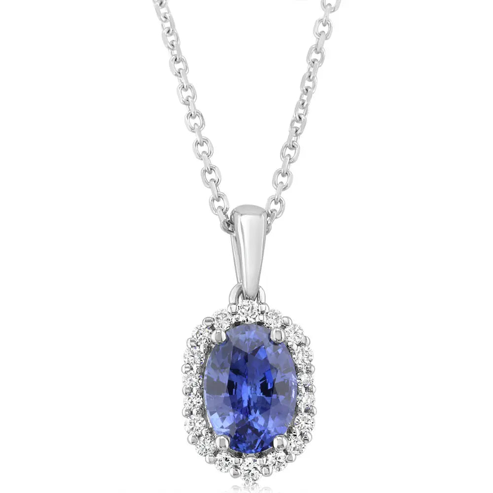 Platinum Oval Sapphire & Diamond Halo Pendant on 14K WG Chain