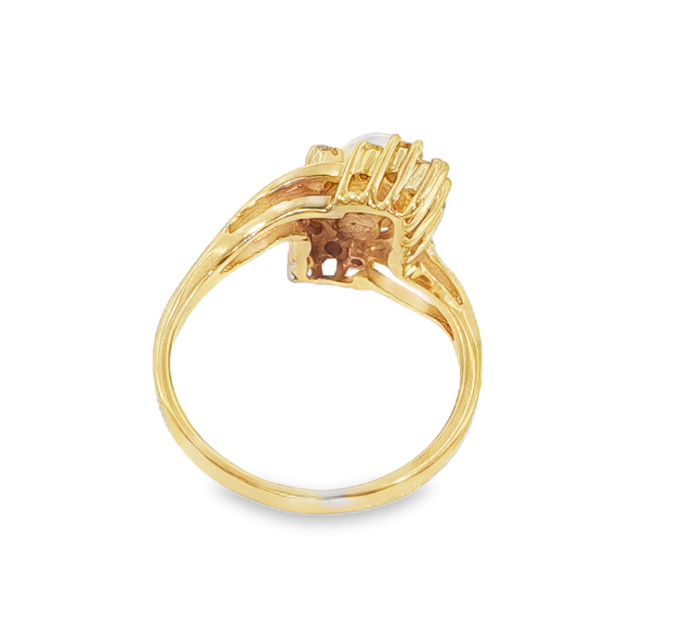 14K Yellow Gold Akoya Pearl & Diamond Halo Bypass Ring *Estate Item Sold as is, Final Sale*