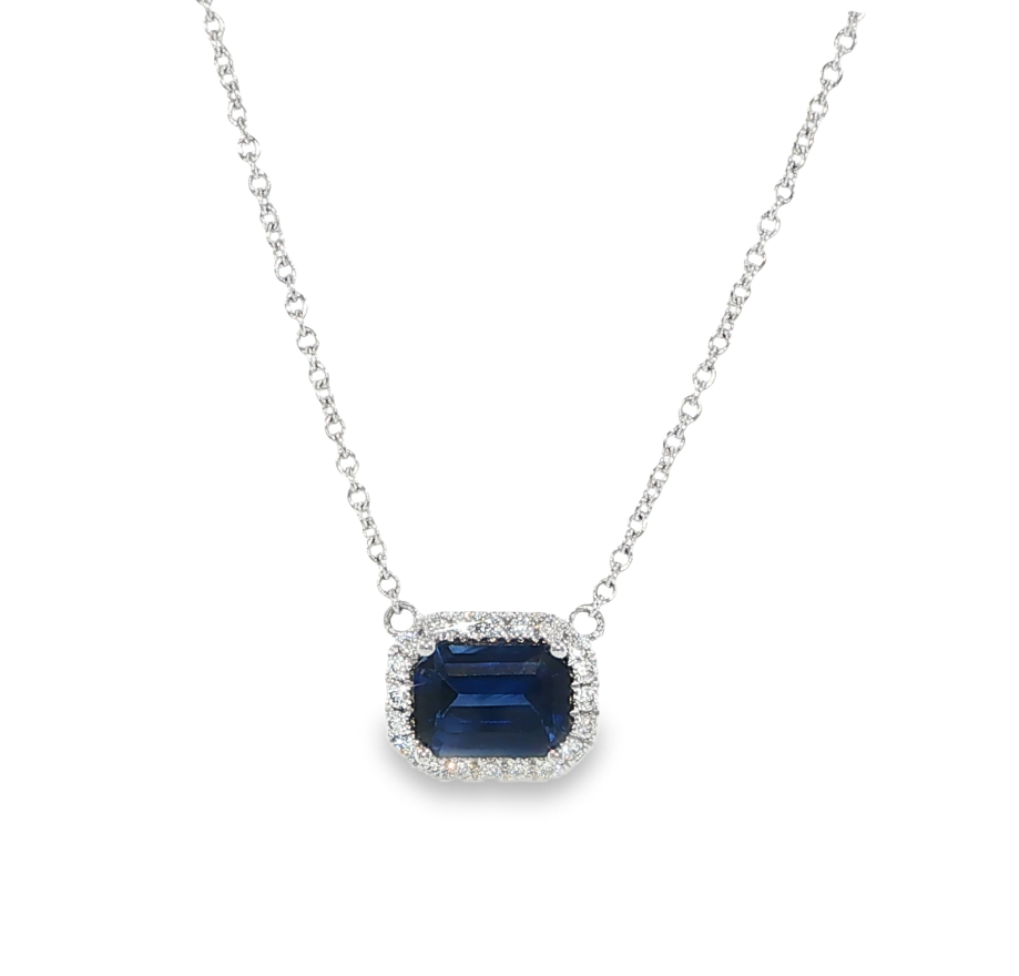 18K White Gold Emerald Cut Blue Sapphire & Diamond Halo Pendant Necklace