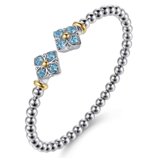 Sterling Silver & 14K YG Blue Topaz Clover Open Bujukan Bangle by Gabriel NY