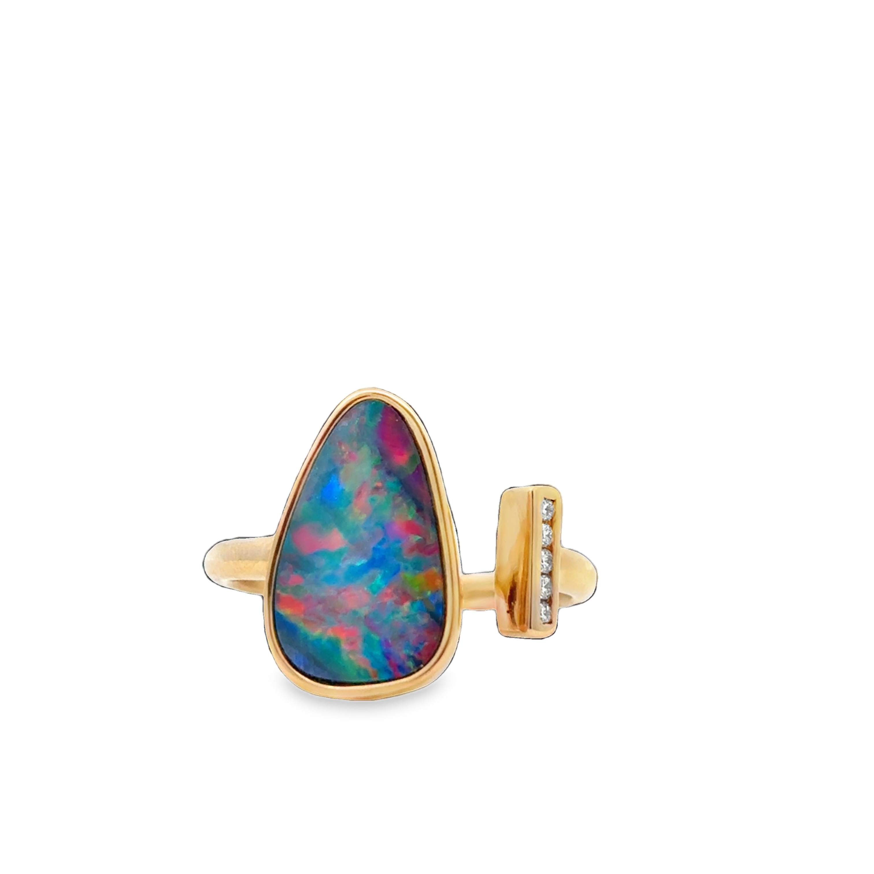 14K YG Australian Opal Doublet & Diamond Open Shank Ring