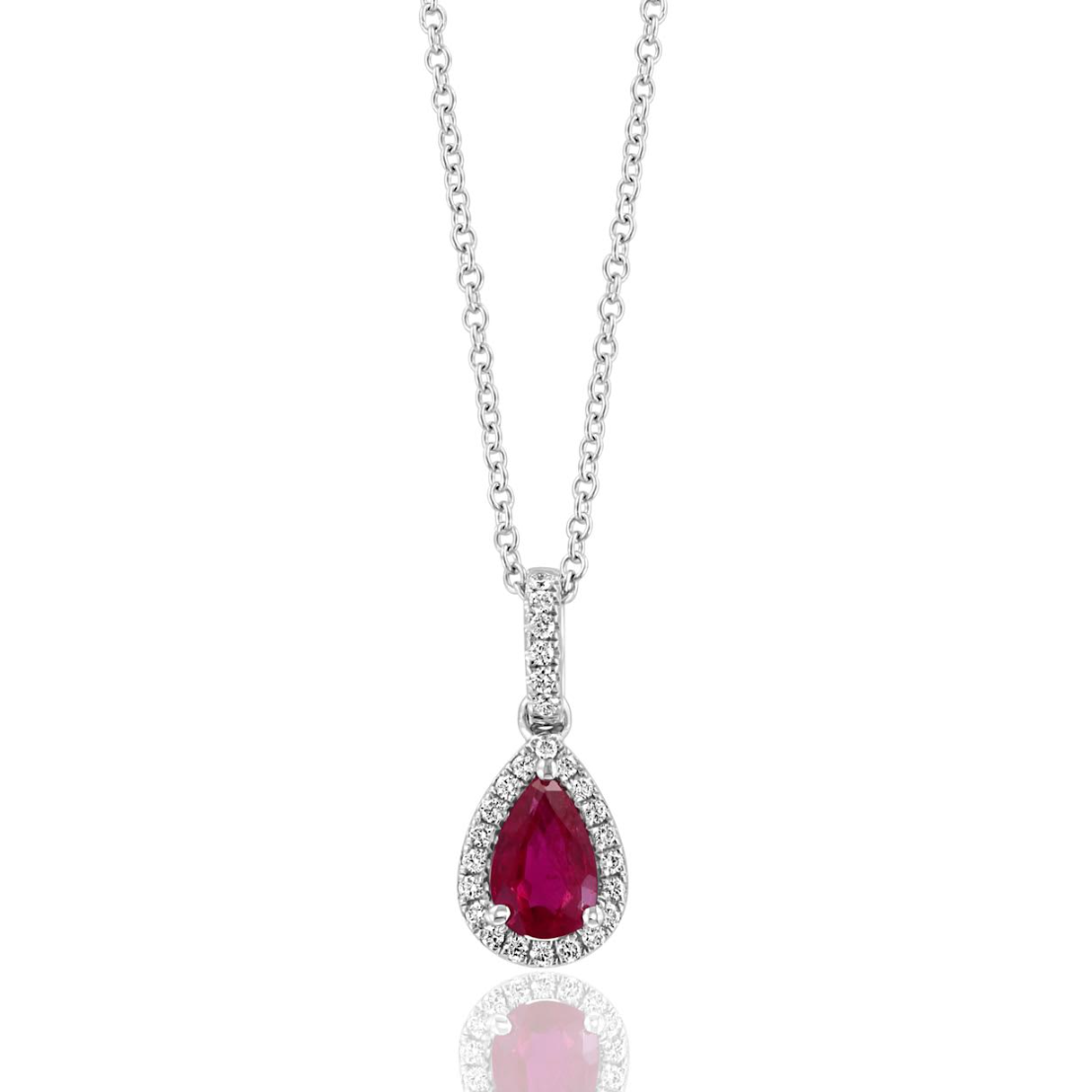 14K White Gold Pear Shape Ruby & Diamond Halo Pendant Necklace by David Kord