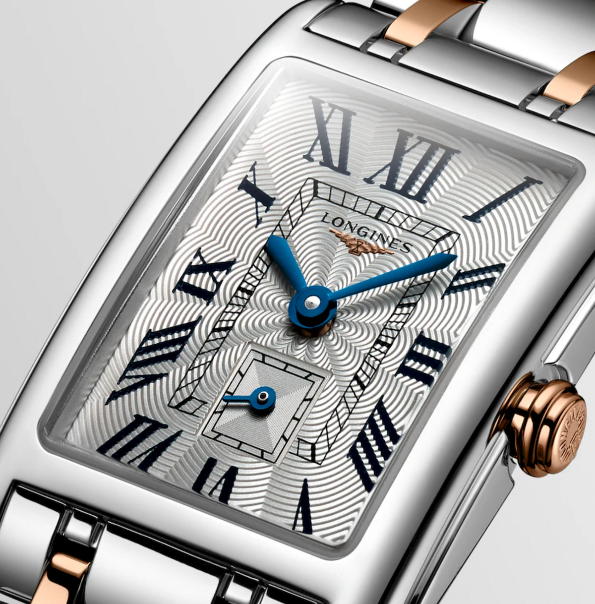 Longines DolceVita Stainless Steel & 18K Rose Gold Silver Flinqué 20mm Rectangular Ladies Watch