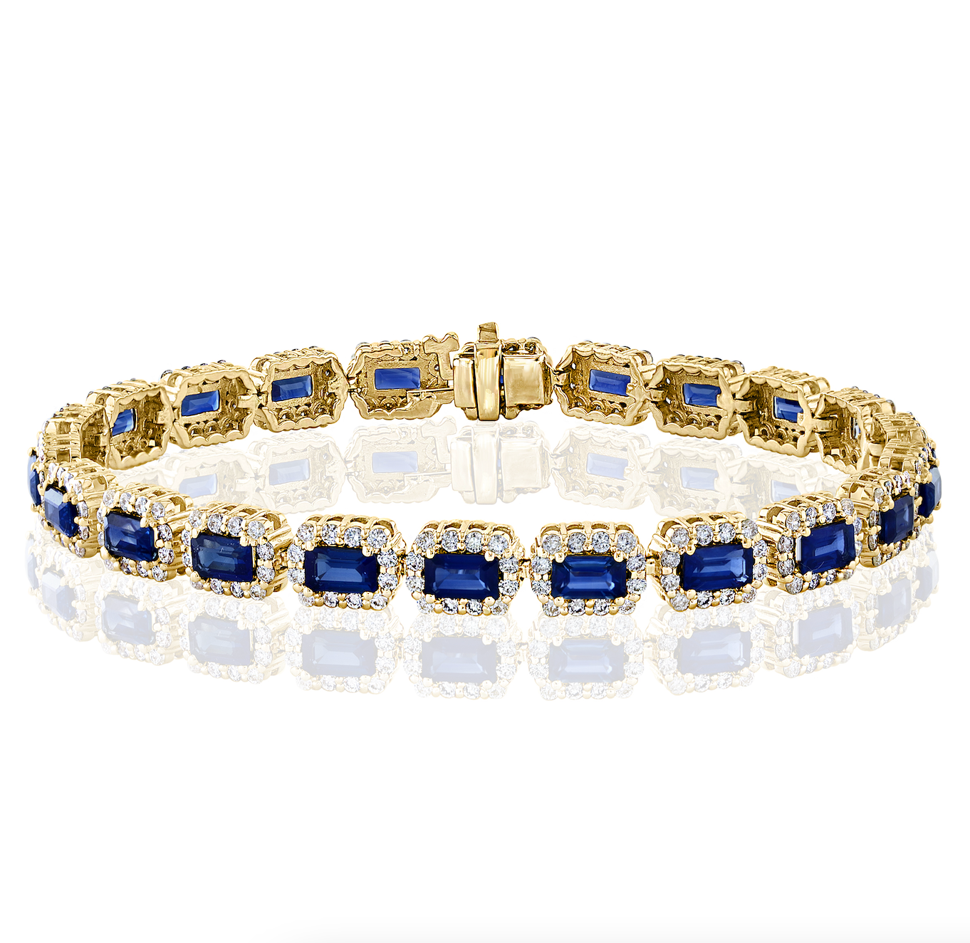 14K YG Emerald Cut Sapphire & Diamond Halo Tennis Bracelet Main image