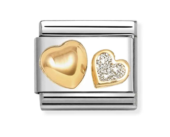 Stainless Steel & 18K Yellow Gold Double Heart Glitter Charm