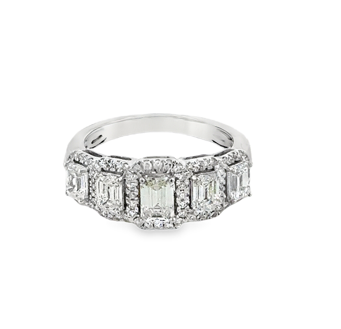 14K White Gold Diamond Emerald Cut Halo 5-Stone Ring Secondary image