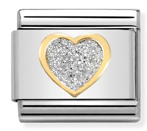 Stainless Steel & 18K Yellow Gold Silver Glitter Heart Charm