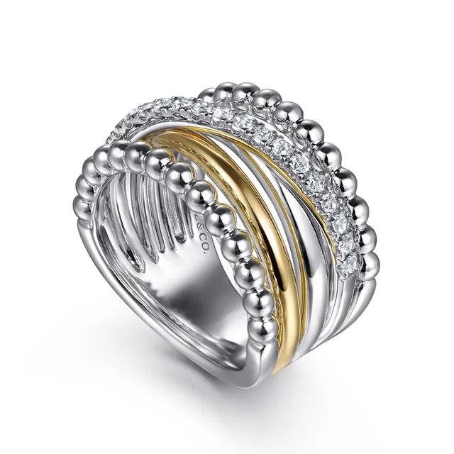 14K YG / Sterling Silver Bujukan Bead & White Sapphire Wide Band by Gabriel NY