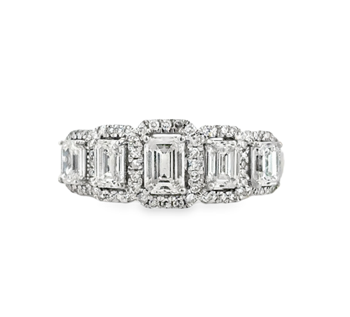 14K White Gold Diamond Emerald Cut Halo 5-Stone Ring Main image