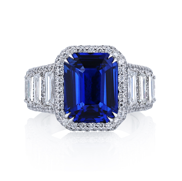Platinum Emerald Cut Blue Sapphire & Diamond Trapezoid Sides & Pave Accents by Joshua J Main image