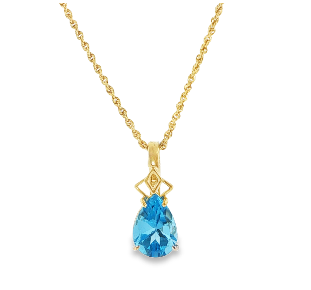 14K Yellow Gold Pear Shape Blue Topaz Pendant Necklace *Estate Item Sold as is, Final Sale* Main image