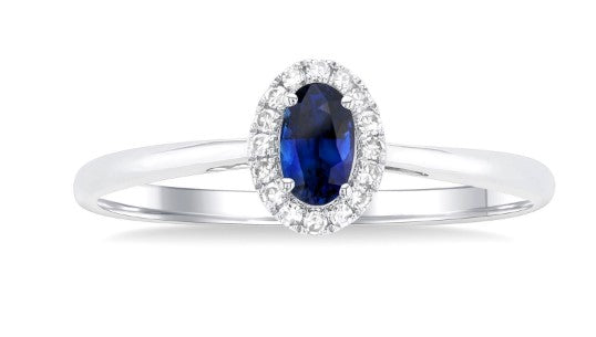 10K WG 5x3mm Oval Sapp & 0.07cttw Dia Halo Fashion Ring