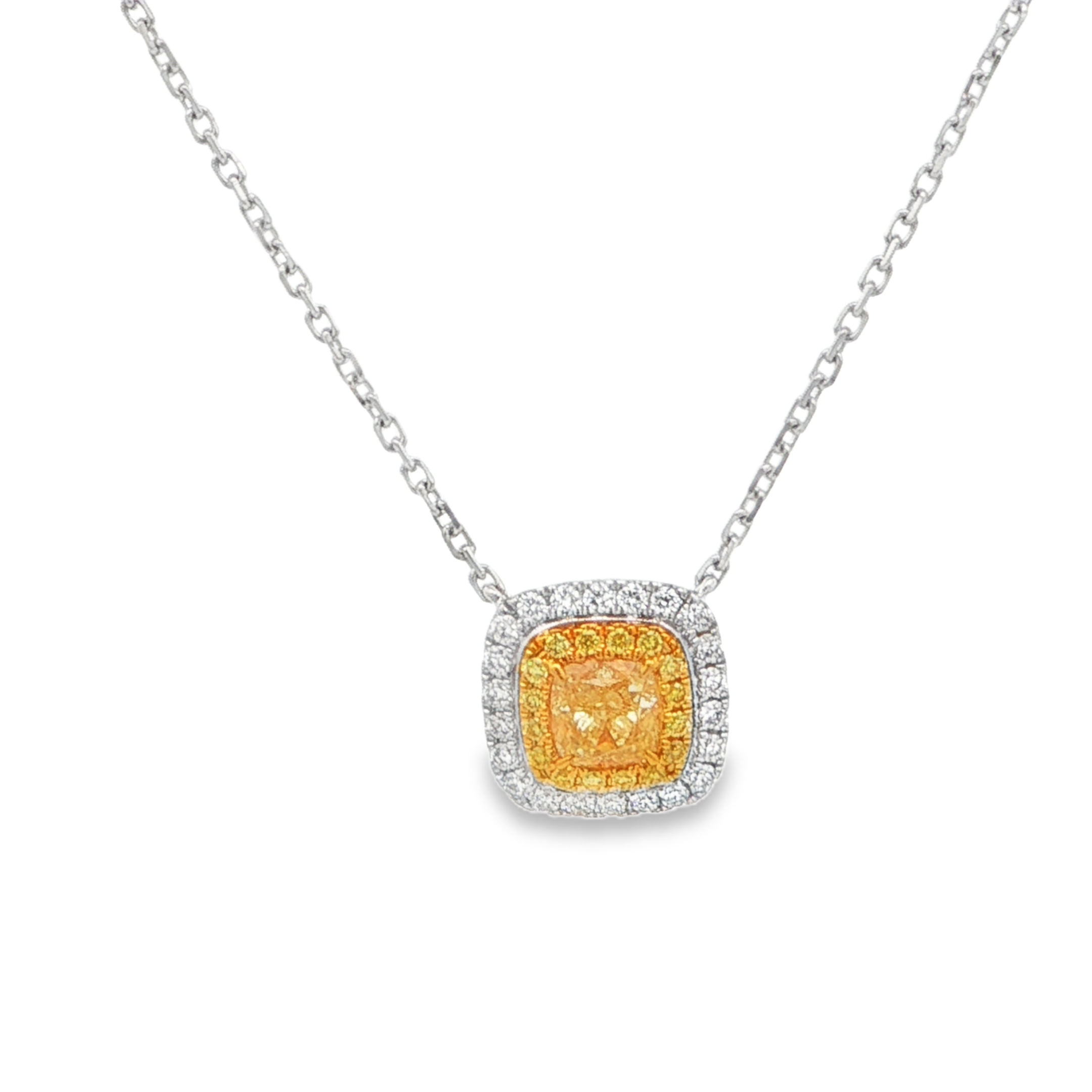 18K Two-Tone Cushion Yellow Diamond Double Halo Pendant Necklace Main image