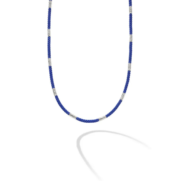 Men's Sterling Silver Station Matte Blue Caviar Beaded Ceramic Necklace by LAGOS