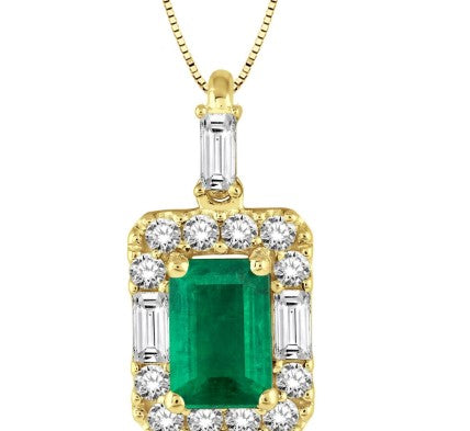 14K YG 6x4mm Emerald & Diamond Halo Pendant Necklace Main image