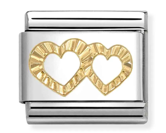 Stainless Steel & 18K Yellow Gold Etched Double Open Heart Charm