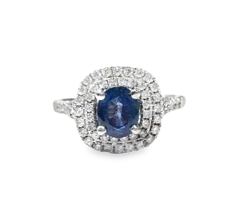 14K WG Sapphire & Diamond Double Halo Ring *Estate Item Sold as is, Final Sale* (A few stones in this ring are chipped) Main image