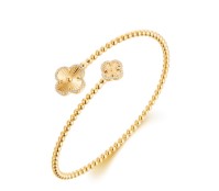 14K YG Beaded Clover Diamond Halo Wrap Bangle Bracelet Main image