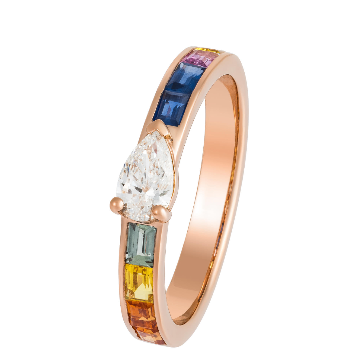 18K Rose Gold Rainbow Sapphire & Pear Diamond Stackable Band