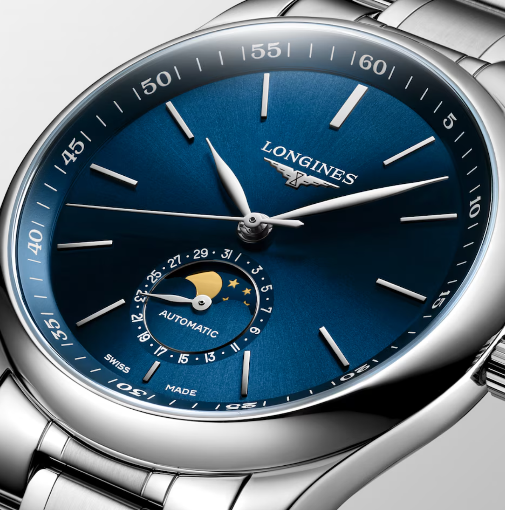 Longines Master Stainless Steel 40mm Moonphase Watch in Sunray Blue
