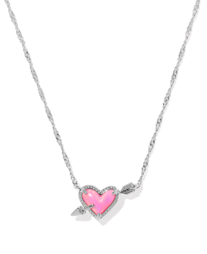 Rhodium Plated Ari Heart Arrow Pendant Necklace in Pink Opalescent Resin by Kendra Scott