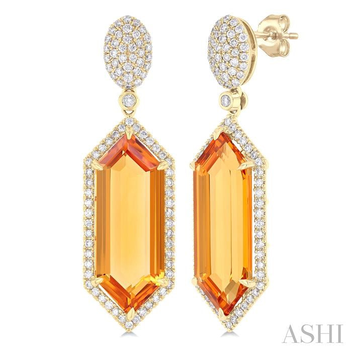 14K YG Hexagon Citrine & Diamond Halo Drop Earrings Main image