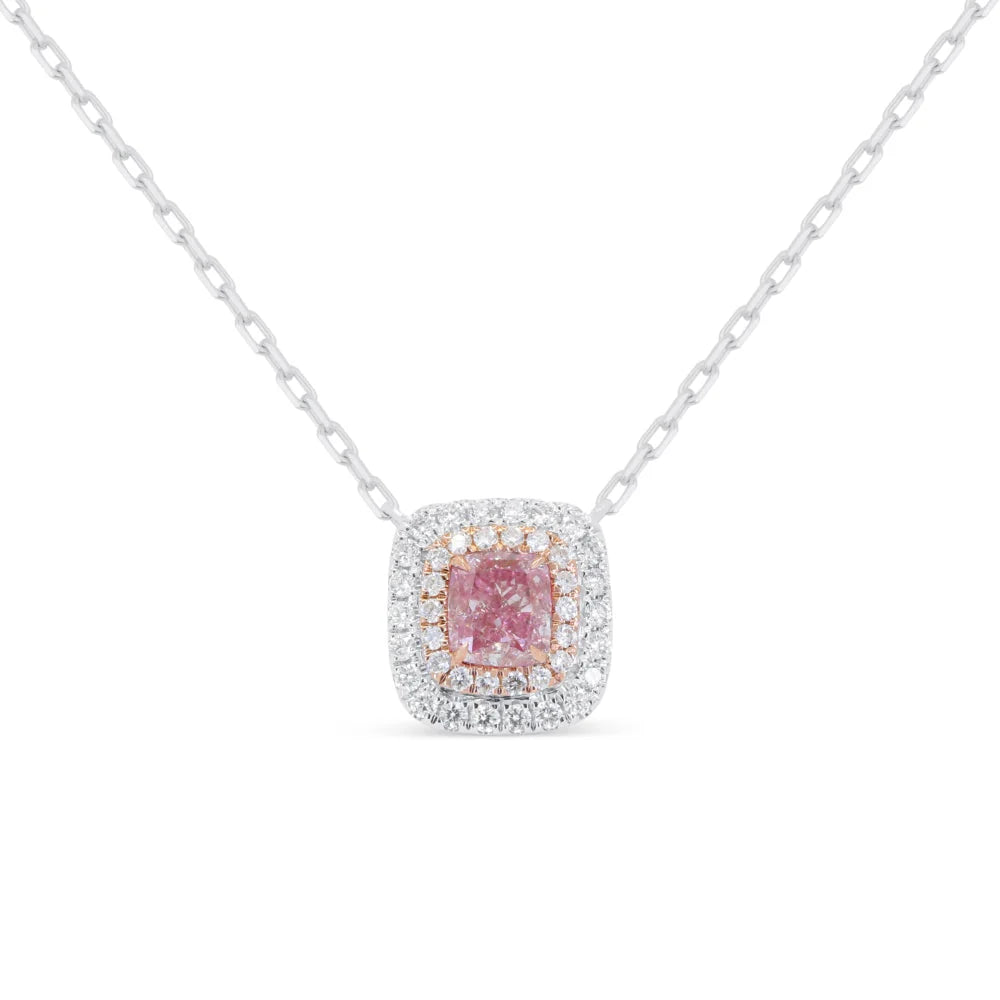14K R/WG Cushion Shape Yellow Diamond w Pink Enamel Double Halo Pendant Necklace