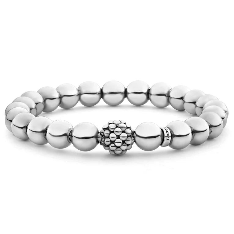 Sterling Silver Signature Caviar Lattice Ball 8mm Stretch Bracelet by Lagos