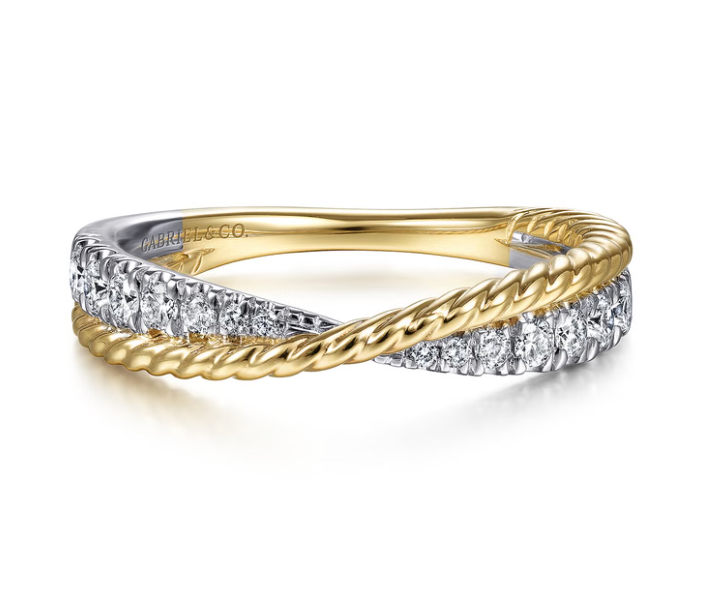14K Two-Tone Criss Cross Diamond Band with Twisted Rope Detail by Gabriel NY