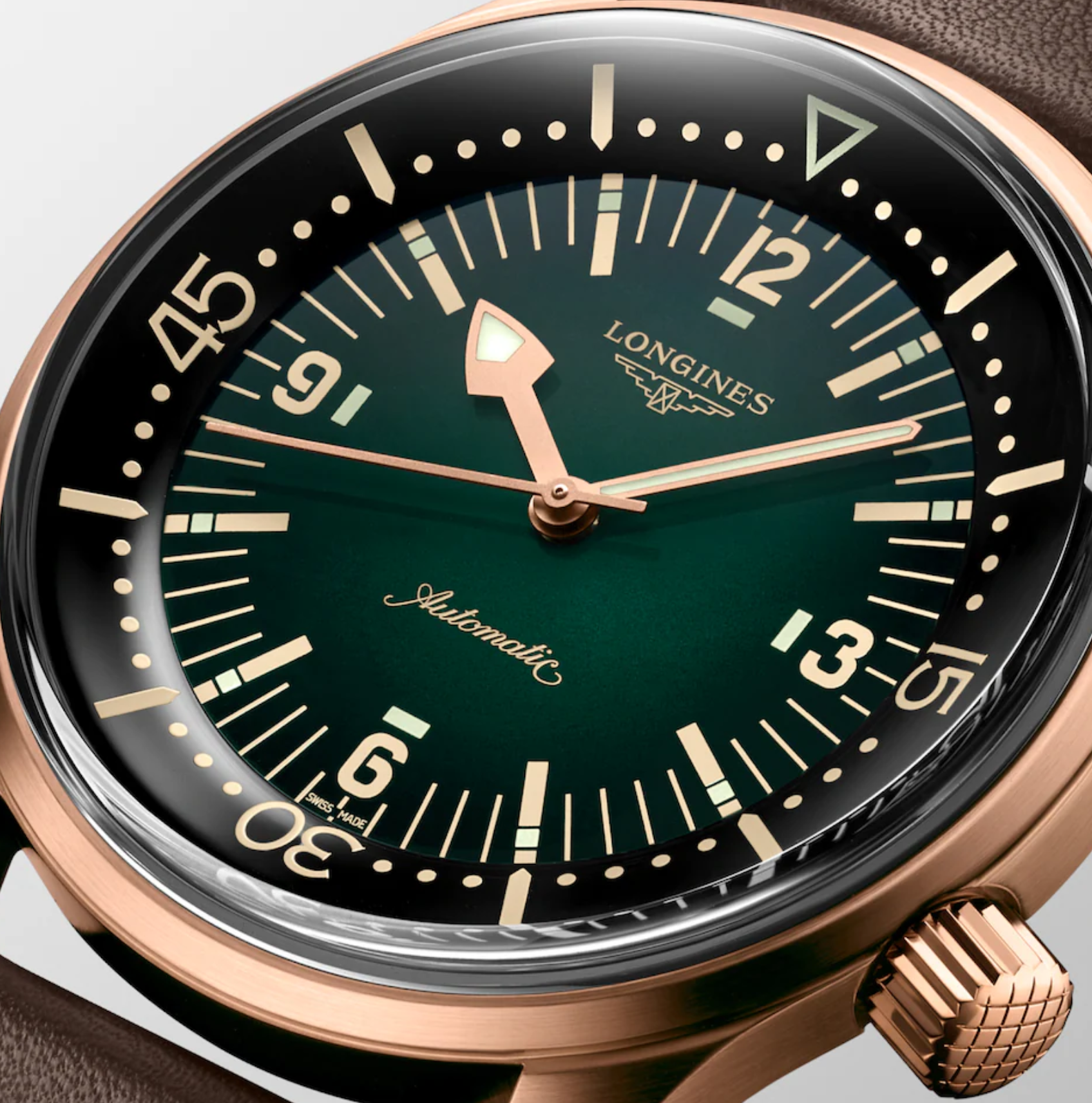 Longines Legend Diver Bronze & Titanium 42mm Watch with Green Dial & Leather Strap