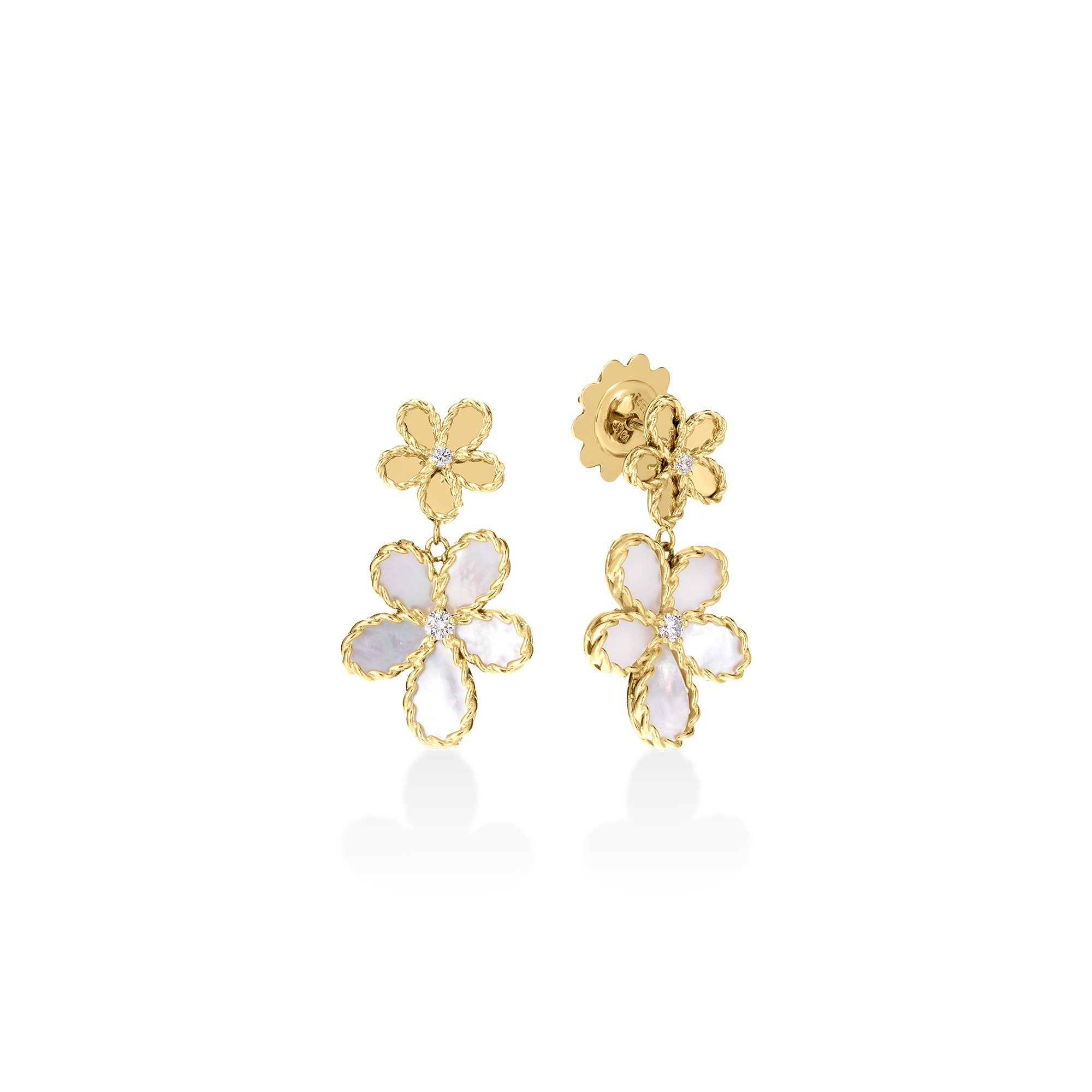 18K YG JASMINE DIAMOND & MOTHER OF PEARL DOUBLE FLOWER DANGLE EARRINGS BY ROBERTO COIN Main image
