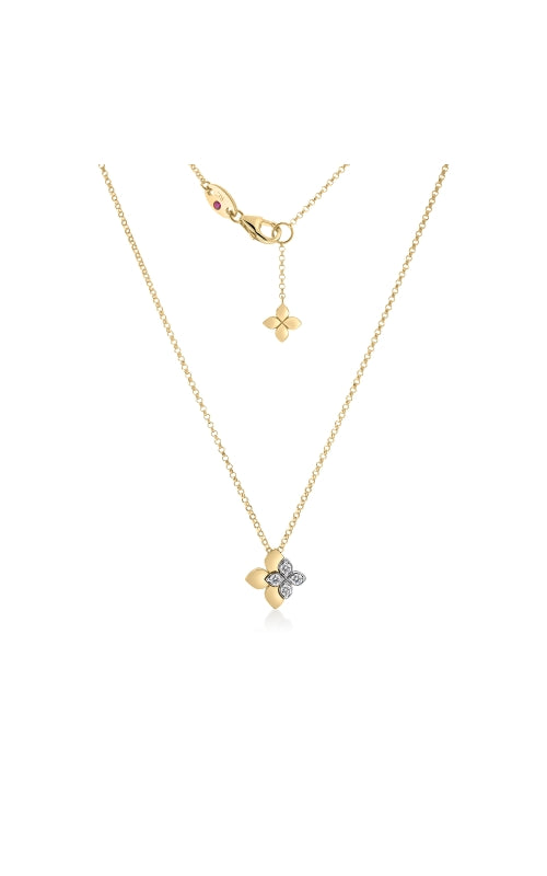 18K W/YG Diamond Tiny Layered Princess Flower Necklace by Roberto Coin